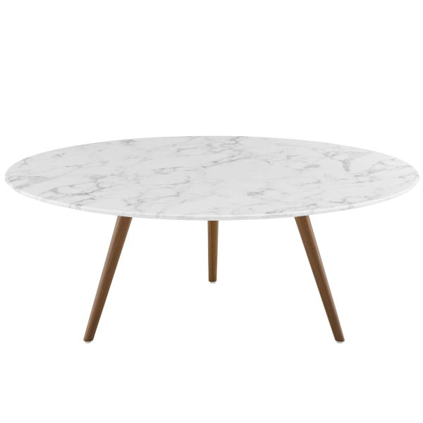 Lippa 40" Round Artificial Marble Coffee Table with Tripod Base Walnut White By Modway
