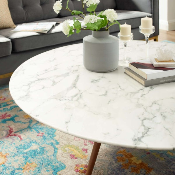 Lippa 47" Round Artificial Marble Coffee Table with Tripod Base Walnut White By Modway