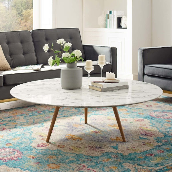 Lippa 47" Round Artificial Marble Coffee Table with Tripod Base Walnut White By Modway