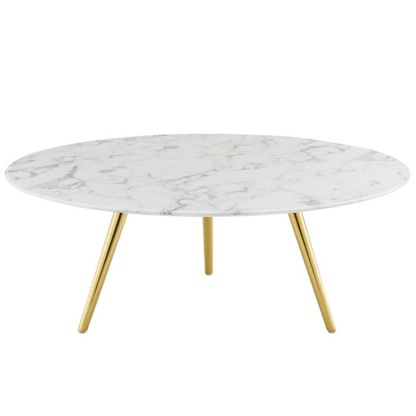 Lippa 40" Round Artificial Marble Coffee Table with Tripod Base Gold White By Modway