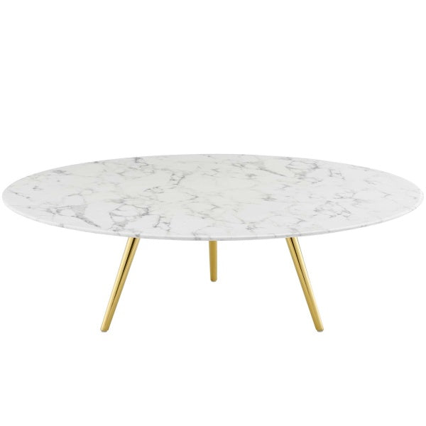 Lippa 47" Round Artificial Marble Coffee Table with Tripod Base Gold White By Modway