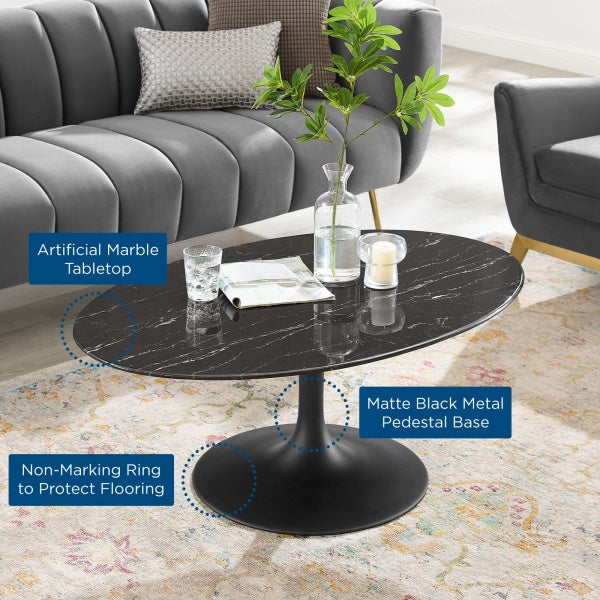 Lippa 42" Oval Artificial Marble Coffee Table Black Black By Modway