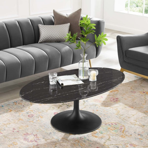 Lippa 48" Oval Artificial Marble Coffee Table Black Black By Modway