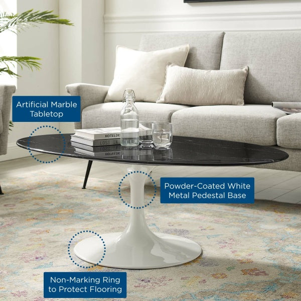 Lippa 48" Oval Artificial Marble Coffee Table in White Black By Modway