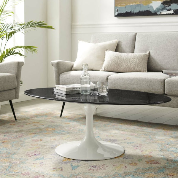 Lippa 48" Oval Artificial Marble Coffee Table in White Black By Modway
