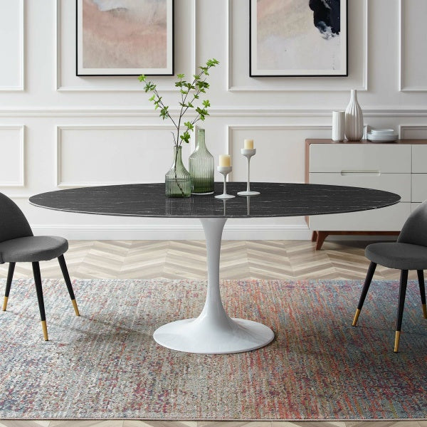 Lippa 78" Oval Artificial Marble Dining Table in White Black By Modway