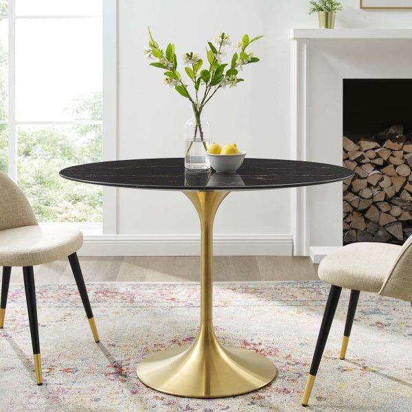 Lippa 42" Oval Artificial Marble Dining Table Gold Black By Modway