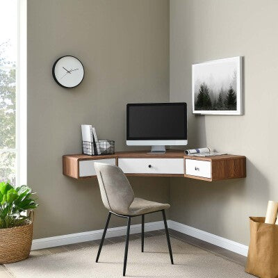 Transmit 47" Wall Mount Corner Walnut Office Desk in Walnut White by Modway