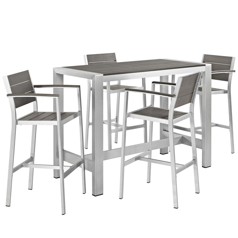 Shore 5 Piece Outdoor Patio Aluminum Dining Set Silver Gray Arm Chairs by Modway