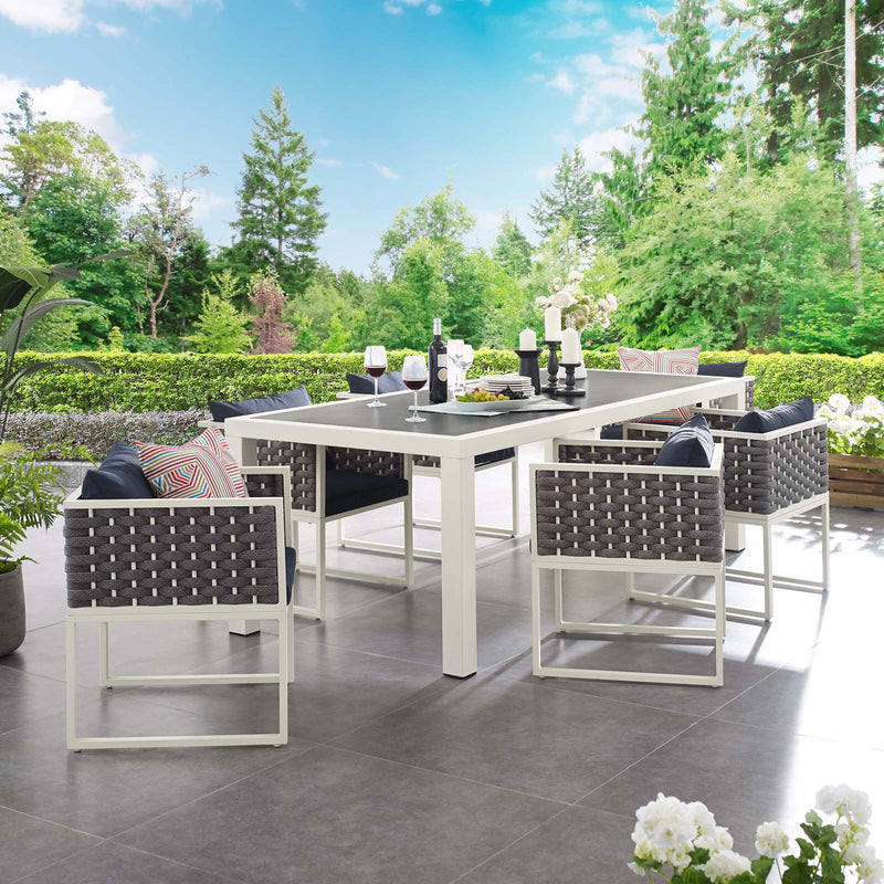Stance 7 Piece Outdoor Patio Aluminum Dining Set White Navy | Polyester by Modway