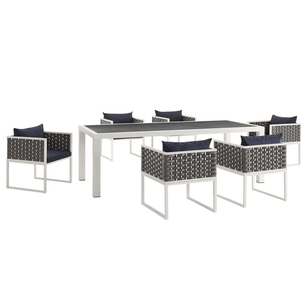 Stance 7 Piece Outdoor Patio Aluminum Dining Set White Navy | Polyester by Modway