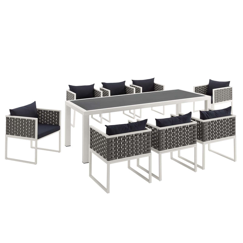 Stance 9 Piece Outdoor Patio Aluminum Dining Set White Navy | Polyester by Modway