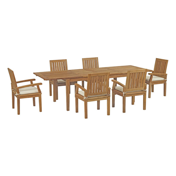 Marina 7 Piece Outdoor Patio Teak Outdoor Dining Set Arm Chairs in Natural White by Modway
