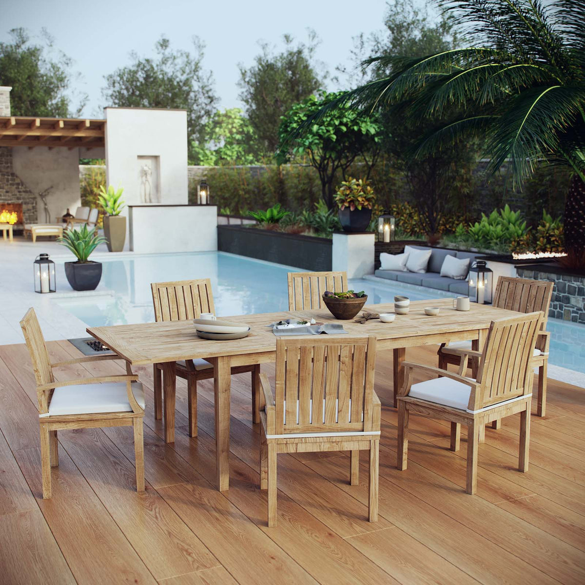 Outdoor Chair Less Marina 7 Piece Outdoor Patio Teak Outdoor Dining Set Arm Chairs in Nat ...