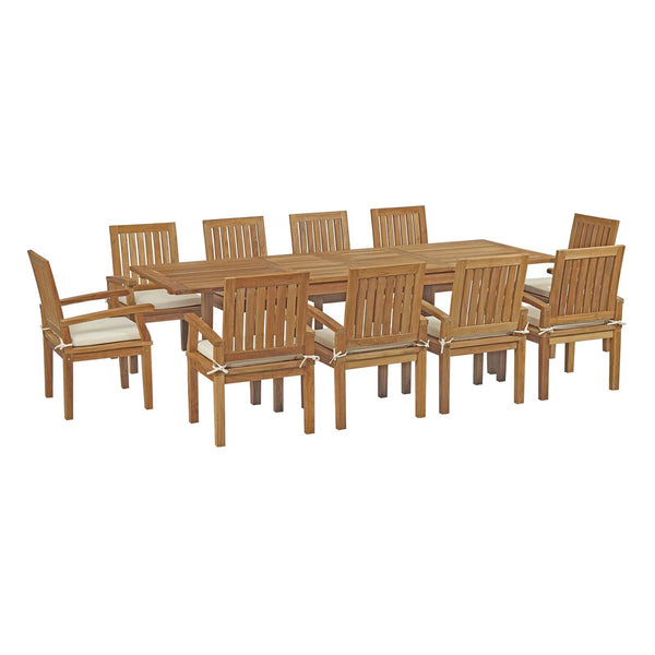 Marina 11 Piece Outdoor Patio Teak Outdoor Dining Set Arm Chairs in Natural White by Modway