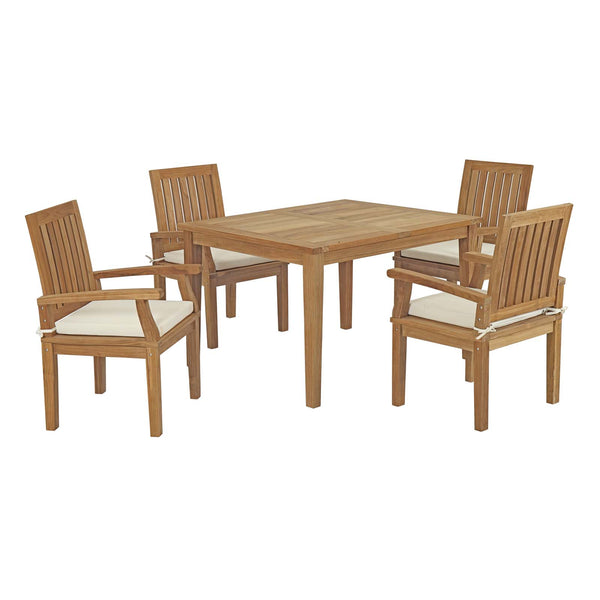 Marina 5 Piece Outdoor Patio Teak Outdoor Dining Set Arm Chairs in Natural White by Modway