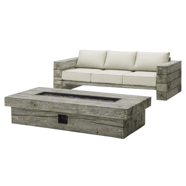 Manteo Rustic Coastal Outdoor Patio Sunbrella Sofa and Fire Pit Set Light Gray Beige by Modway