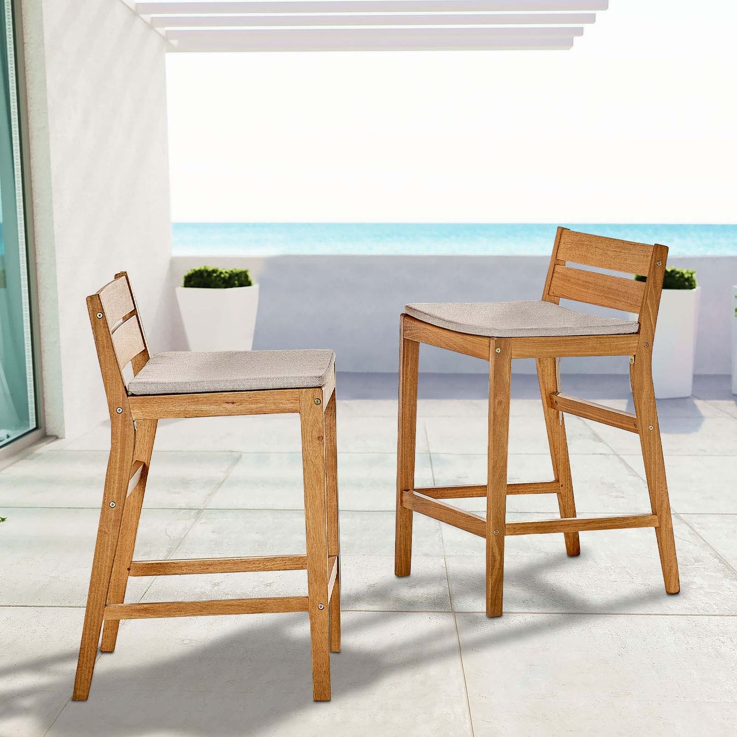 Riverlake Outdoor Patio Ash Wood Bar Stool Set of 2 in Natural Taupe by Modway