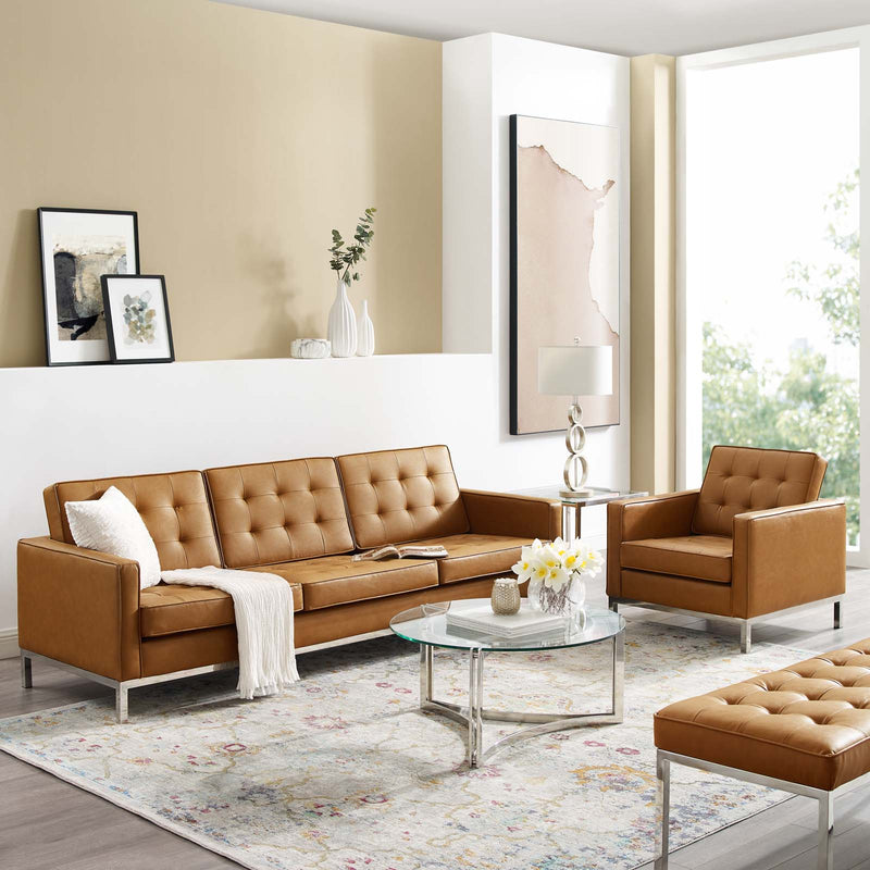 Loft Tufted Upholstered Faux Leather Sofa and Armchair Set Silver Tan by Modway