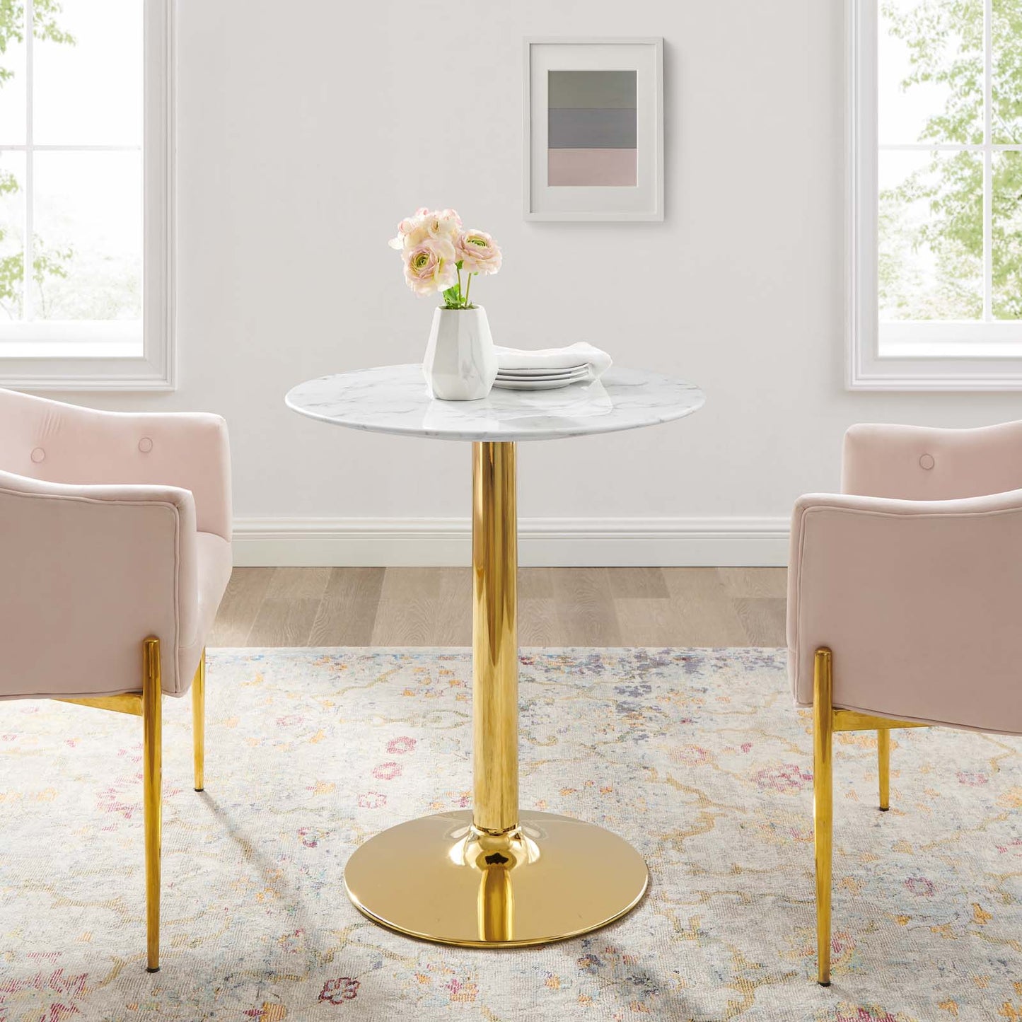 Verne 28" Artificial Marble Dining Table in Gold White by Modway