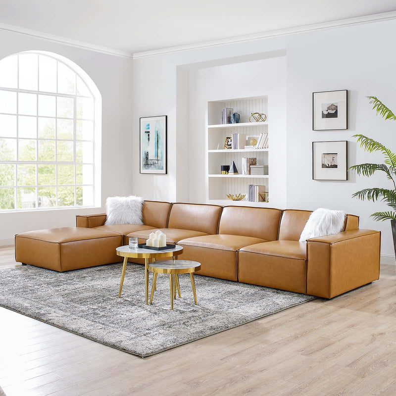 Restore 5 Pieces Vegan Leather Sectional Sofa in Tan by Modway