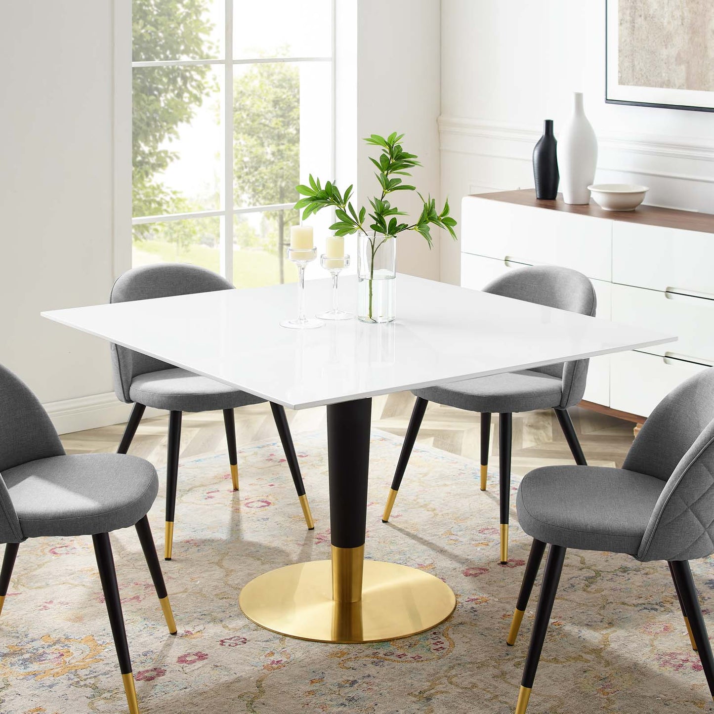 Zinque 47" Square Dining Table Gold White by Modway