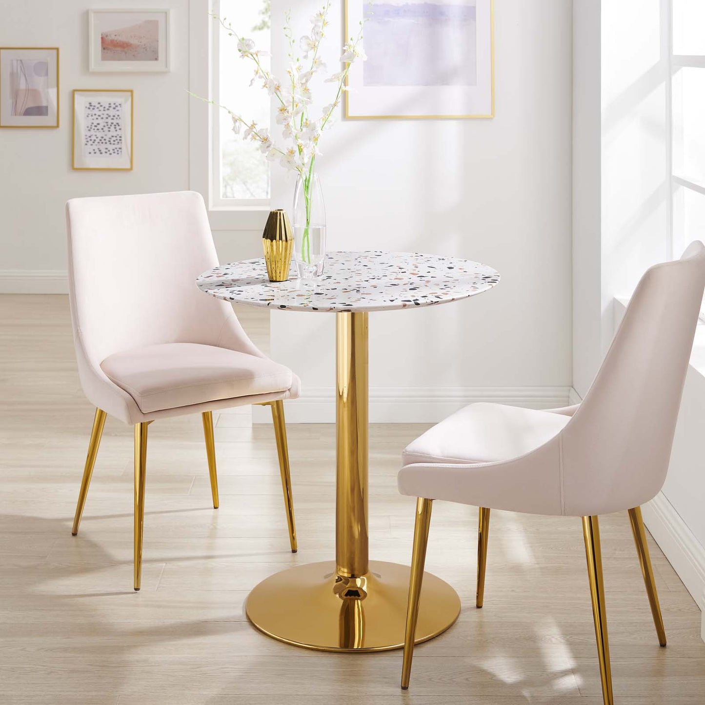 Verne 28" Round Terrazzo Dining Table in Gold White by Modway