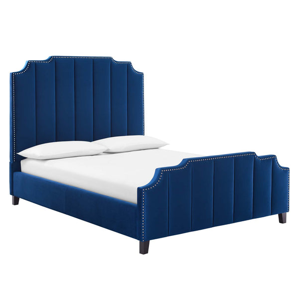 Lucille Queen Performance Velvet Platform Bed in Navy by Modway