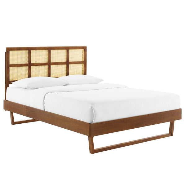 Sidney Cane and Wood Queen Platform Bed With Angular Legs Walnut by Modway