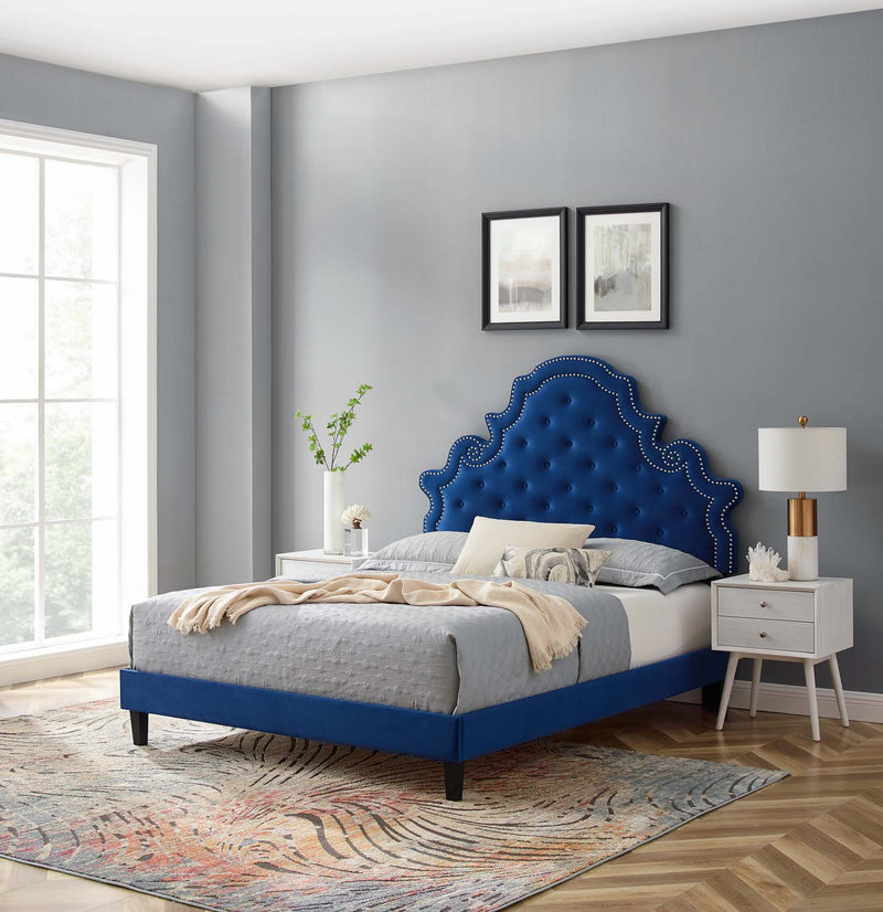 Gwyneth Tufted Performance Velvet Twin Platform Bed in Navy by Modway