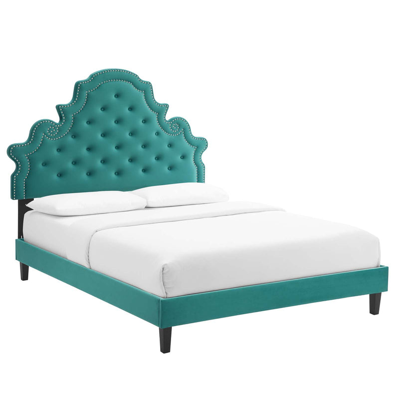 Gwyneth Tufted Performance Velvet King Platform Bed in Teal by Modway