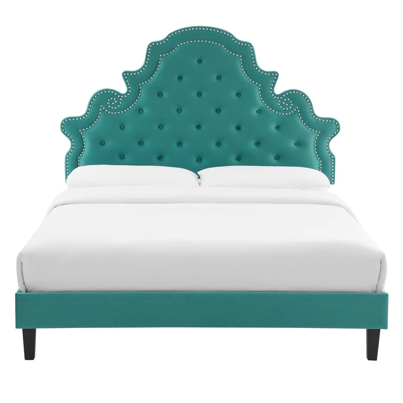 Gwyneth Tufted Performance Velvet King Platform Bed in Teal by Modway