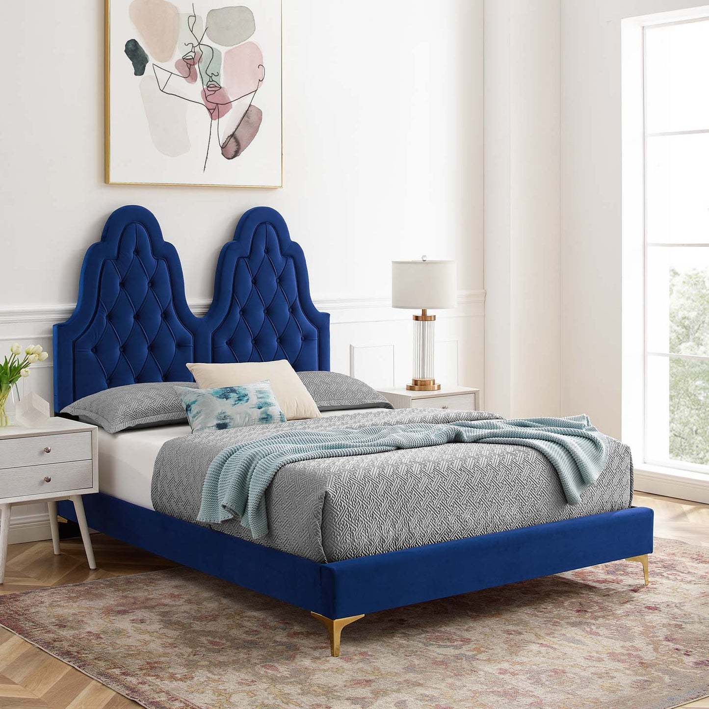 Alexandria Tufted Performance Velvet King Platform Bed in Navy by Modway